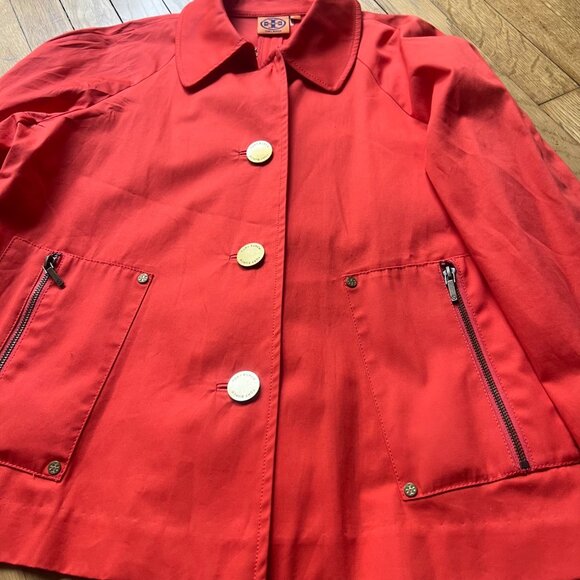Tory Burch Size 10 Orange Poppy Curtis Button Front Collar Utility Trench Jacket - Picture 13 of 13